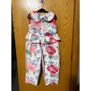 VTG Sweet Kids Girls Floral Ruffle Peplum Jumpsuit Pantsuit Outfit Size 2